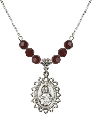 18" Rhodium Plated Necklace with 4mm Garnet Crystal Beads featuring a Sterling Silver Scapular Medal.