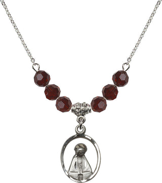 18" Rhodium Plated Necklace with 4mm Garnet Crystal Beads featuring a Sterling Silver Madonna Medal.