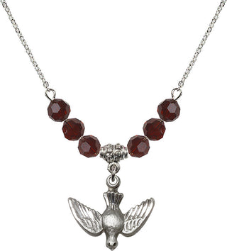 18" Rhodium Plated Necklace with 4mm Garnet Crystal Beads featuring a Sterling Silver Holy Spirit Medal.
