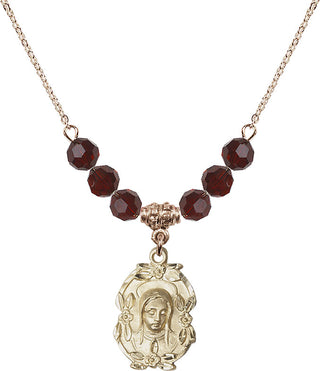 18" Hamilton Gold Plated Necklace with 4mm Garnet Crystal Beads featuring a 14kt Gold Filled Madonna Medal.