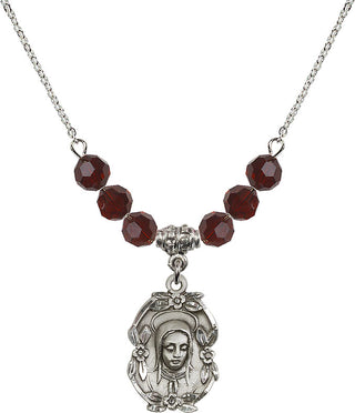 18" Rhodium Plated Necklace with 4mm Garnet Crystal Beads featuring a Sterling Silver Madonna Medal.