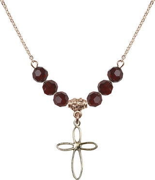 18" Hamilton Gold Plated Necklace with 4mm Garnet Crystal Beads featuring a 14kt Gold Filled Loop Cross Medal.