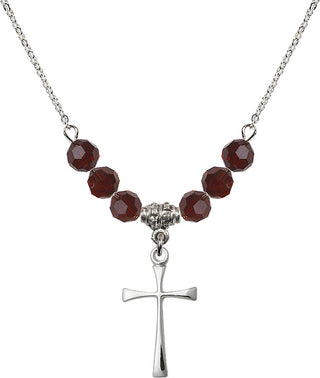 18" Rhodium Plated Necklace with 4mm Garnet Crystal Beads featuring a Sterling Silver Maltese Cross Medal.