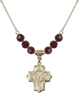 18" Hamilton Gold Plated Necklace with 4mm Garnet Crystal Beads featuring a 14kt Gold Filled Communion/5-Way Medal.