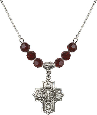 18" Rhodium Plated Necklace with 4mm Garnet Crystal Beads featuring a Sterling Silver Communion/5-Way Medal.
