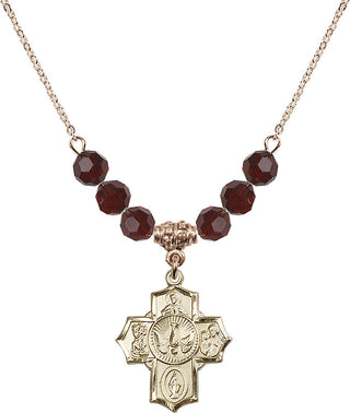 18" Hamilton Gold Plated Necklace with 4mm Garnet Crystal Beads featuring a 14kt Gold Filled 5-Way Medal.
