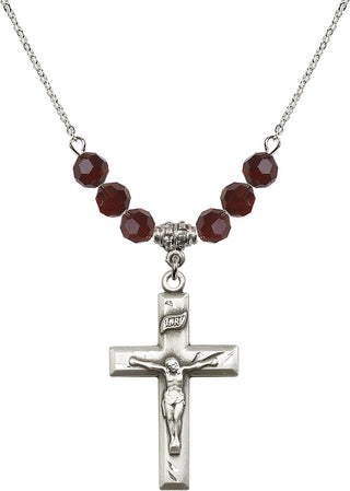 18" Rhodium Plated Necklace with 4mm Garnet Crystal Beads featuring a Sterling Silver Crucifix Medal.
