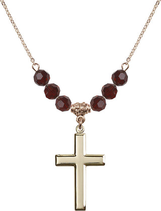 18" Hamilton Gold Plated Necklace with 4mm Garnet Crystal Beads featuring a 14kt Gold Filled Cross Medal.