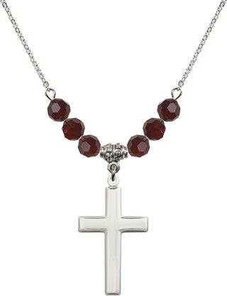 18" Rhodium Plated Necklace with 4mm Garnet Crystal Beads featuring a Sterling Silver Cross Medal.