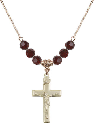 18" Hamilton Gold Plated Necklace with 4mm Garnet Crystal Beads featuring a 14kt Gold Filled Crucifix Medal.