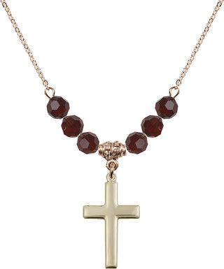 18" Hamilton Gold Plated Necklace with 4mm Garnet Crystal Beads featuring a 14kt Gold Filled Cross Medal.