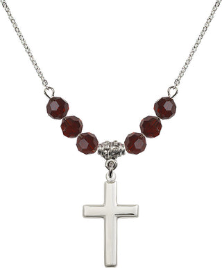 18" Rhodium Plated Necklace with 4mm Garnet Crystal Beads featuring a Sterling Silver Cross Medal.