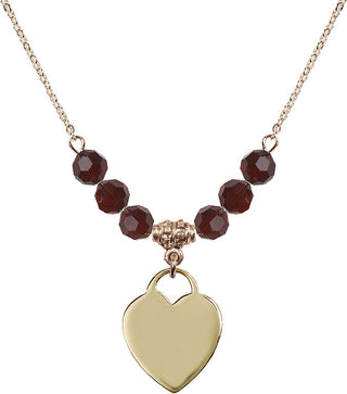 18" Hamilton Gold Plated Necklace with 4mm Garnet Crystal Beads featuring a 14kt Gold Filled Heart Medal. Engraved Catholic Saint Jewelry