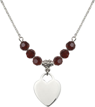 18" Rhodium Plated Necklace with 4mm Garnet Crystal Beads featuring a Sterling Silver Heart Medal. Engraved Catholic Saint Jewelry