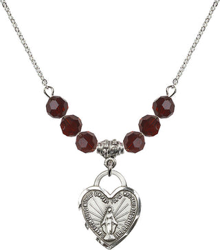 18" Rhodium Plated Necklace with 4mm Garnet Crystal Beads featuring a Sterling Silver Miraculous Heart Medal. Engraved Catholic Saint Jewelry