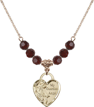 18" Hamilton Gold Plated Necklace with 4mm Garnet Crystal Beads featuring a 14kt Gold Filled Guardian Angel Heart Medal. Engraved Catholic Saint Jewelry