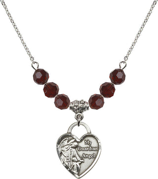 18" Rhodium Plated Necklace with 4mm Garnet Crystal Beads featuring a Sterling Silver Guardian Angel Heart Medal. Engraved Catholic Saint Jewelry