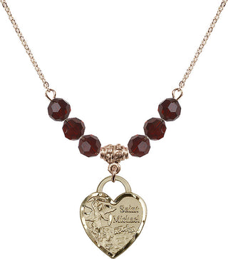 18" Hamilton Gold Plated Necklace with 4mm Garnet Crystal Beads featuring a 14kt Gold Filled Saint Michael the Archangel Medal. Engraved Catholic Saint Jewelry