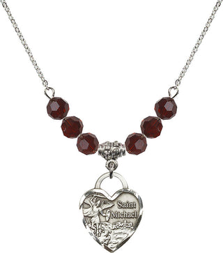 18" Rhodium Plated Necklace with 4mm Garnet Crystal Beads featuring a Sterling Silver Saint Michael the Archangel Medal. Engraved Catholic Saint Jewelry