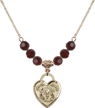 18" Hamilton Gold Plated Necklace with 4mm Garnet Crystal Beads featuring a 14kt Gold Filled Communion Heart Medal. Engraved Catholic Saint Jewelry