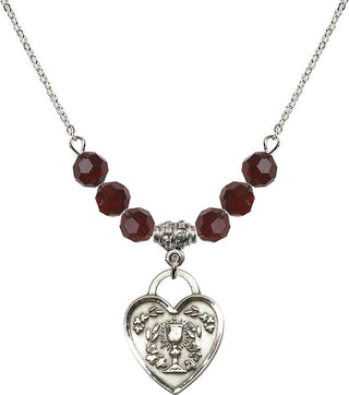 18" Rhodium Plated Necklace with 4mm Garnet Crystal Beads featuring a Sterling Silver Communion Heart Medal. Engraved Catholic Saint Jewelry