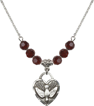 18" Rhodium Plated Necklace with 4mm Garnet Crystal Beads featuring a Sterling Silver Confirmation Heart Medal. Engraved Catholic Saint Jewelry