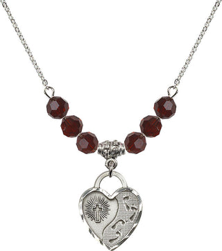 18" Rhodium Plated Necklace with 4mm Garnet Crystal Beads featuring a Sterling Silver Footprints Heart Medal. Engraved Catholic Saint Jewelry