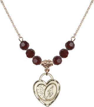 18" Hamilton Gold Plated Necklace with 4mm Garnet Crystal Beads featuring a 14kt Gold Filled Miraculous Heart Medal.