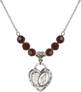 18" Rhodium Plated Necklace with 4mm Garnet Crystal Beads featuring a Sterling Silver Miraculous Heart Medal.