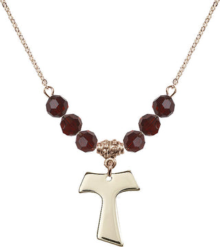 18" Hamilton Gold Plated Necklace with 4mm Garnet Crystal Beads featuring a 14kt Gold Filled Tau Cross Medal.