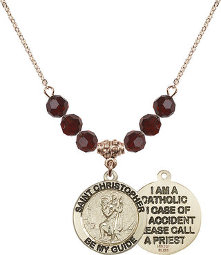 18" Hamilton Gold Plated Necklace with 4mm Garnet Crystal Beads featuring a 14kt Gold Filled Saint Christopher Medal.