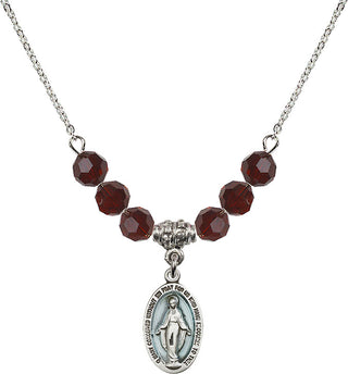 18" Rhodium Plated Necklace with 4mm Garnet Crystal Beads featuring a Sterling Silver Miraculous Medal.