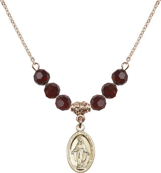 18" Hamilton Gold Plated Necklace with 4mm Garnet Crystal Beads featuring a 14kt Gold Filled Miraculous Medal.