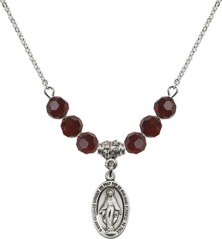 18" Rhodium Plated Necklace with 4mm Garnet Crystal Beads featuring a Sterling Silver Miraculous Medal.