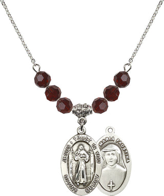 18" Rhodium Plated Necklace with 4mm Garnet Crystal Beads featuring a Sterling Silver Divine Mercy Medal.
