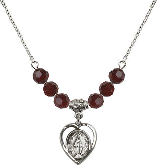 18" Rhodium Plated Necklace with 4mm Garnet Crystal Beads featuring a Sterling Silver Miraculous Medal.