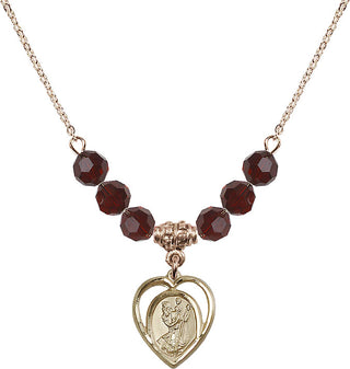 18" Hamilton Gold Plated Necklace with 4mm Garnet Crystal Beads featuring a 14kt Gold Filled Saint Christopher Medal.