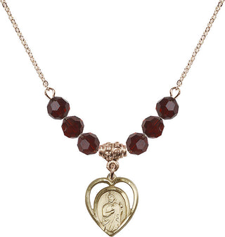 18" Hamilton Gold Plated Necklace with 4mm Garnet Crystal Beads featuring a 14kt Gold Filled Saint Jude Medal.