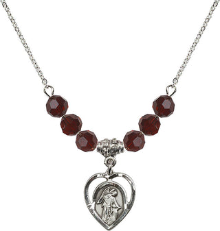 18" Rhodium Plated Necklace with 4mm Garnet Crystal Beads featuring a Sterling Silver Guardian Angel Medal.