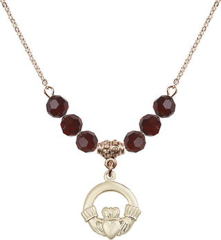 18" Hamilton Gold Plated Necklace with 4mm Garnet Crystal Beads featuring a 14kt Gold Filled Claddagh Medal.