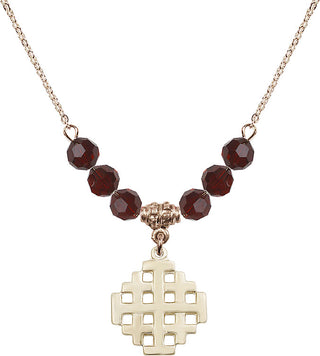 18" Hamilton Gold Plated Necklace with 4mm Garnet Crystal Beads featuring a 14kt Gold Filled Jerusalem Cross Medal.