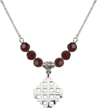 18" Rhodium Plated Necklace with 4mm Garnet Crystal Beads featuring a Sterling Silver Jerusalem Cross Medal.
