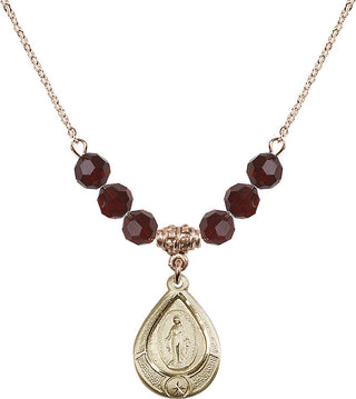 18" Hamilton Gold Plated Necklace with 4mm Garnet Crystal Beads featuring a 14kt Gold Filled Miraculous Medal.
