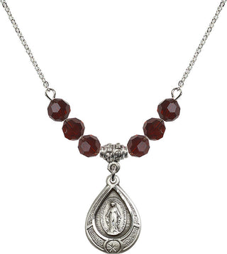 18" Rhodium Plated Necklace with 4mm Garnet Crystal Beads featuring a Sterling Silver Miraculous Medal.