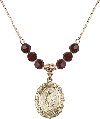 18" Hamilton Gold Plated Necklace with 4mm Garnet Crystal Beads featuring a 14kt Gold Filled Miraculous Medal.