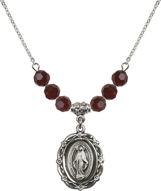 18" Rhodium Plated Necklace with 4mm Garnet Crystal Beads featuring a Sterling Silver Miraculous Medal.