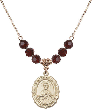 18" Hamilton Gold Plated Necklace with 4mm Garnet Crystal Beads featuring a 14kt Gold Filled Scapular Medal.