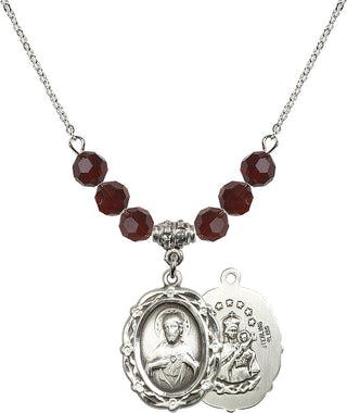 18" Rhodium Plated Necklace with 4mm Garnet Crystal Beads featuring a Sterling Silver Scapular Medal.