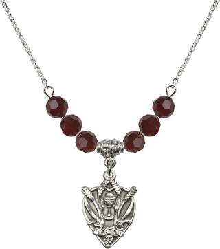 18" Rhodium Plated Necklace with 4mm Garnet Crystal Beads featuring a Sterling Silver Communion Medal.
