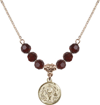 18" Hamilton Gold Plated Necklace with 4mm Garnet Crystal Beads featuring a 14kt Gold Filled Communion Chalice Medal.